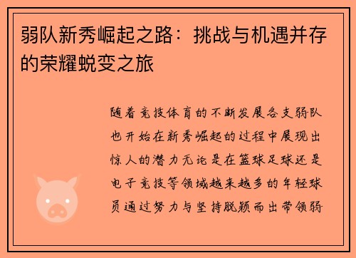 弱队新秀崛起之路：挑战与机遇并存的荣耀蜕变之旅
